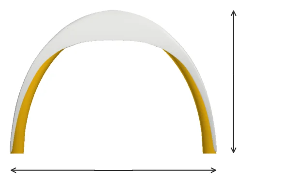 Luftzelt Dome Breitseite mit Breite und Gesamthöhe