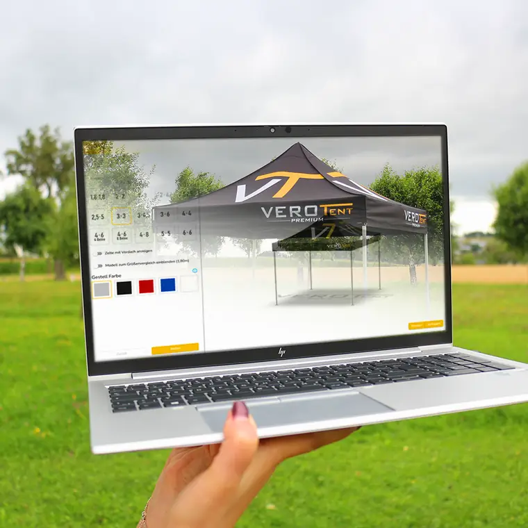 Firmenzelt per Augmented Reality in Originalgröße auf einer Wiese dargestellt