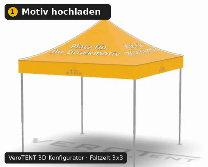 Animation: Logo hochladen, auf dem Firmenzelt platzieren, Zelt in 3D drehen und Entwurf anfragen