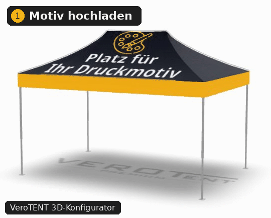 Animation: Logo im VeroTENT 3D-Konfigurator auf das Faltzelt 3x4,5 hochladen, anpassen und in 3D drehen