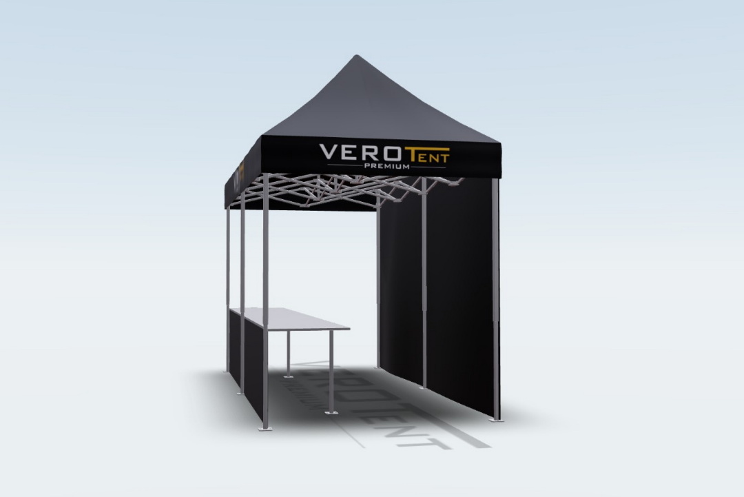 Faltzelt 2x4 mit Theke und Seitenplane von der Seite