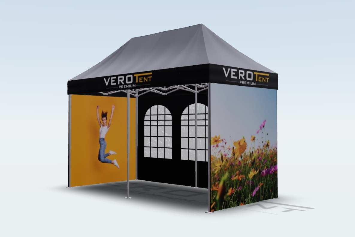 Faltpavillon 2x4 mit bedruckten Seitenwänden und Seitenteil mit Fenster