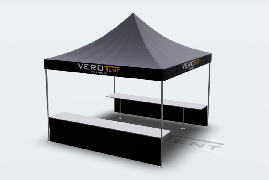 Schwarzer Faltpavillon 4x4 mit Thekensystem auf 2 Seiten