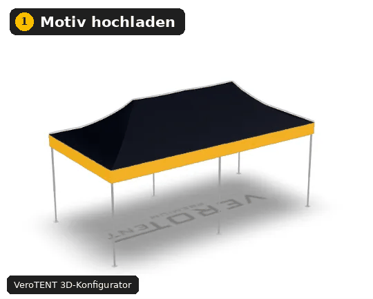 Animation: Logo im VeroTENT 3D-Konfigurator auf das Faltzelt 3x6 hochladen, anpassen und in 3D drehen