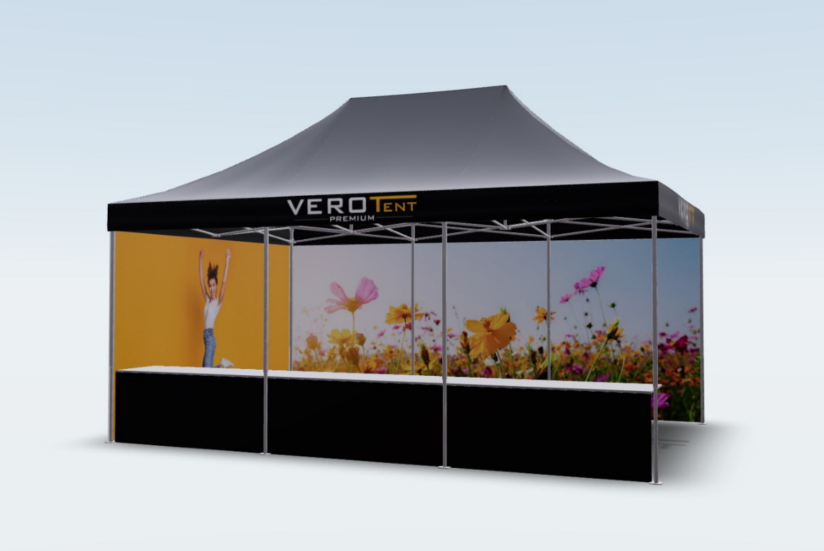 Bedruckter Faltpavillon 4x6 mit Seitenteile und Theke online gestalten