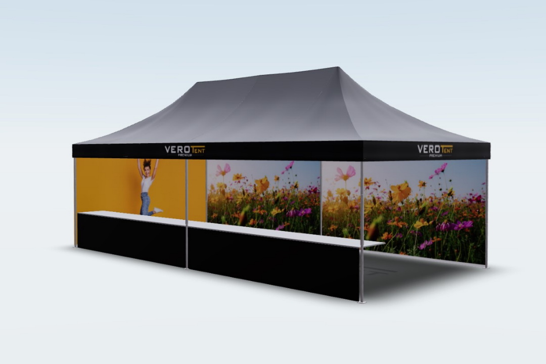 Bedruckter Faltpavillon 4x8 mit Seitenteilen und Theke VeroTENT