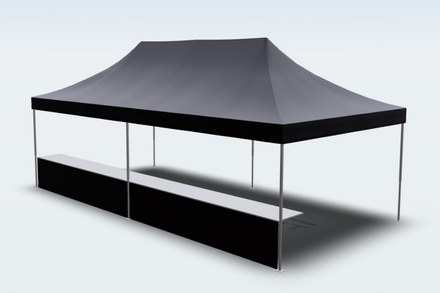 Schwarzer Faltpavillon 4x8 mit Theke auf 1 Seite