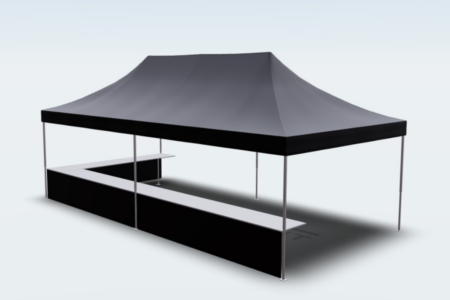 Schwarzer Faltpavillon 4x8 mit Theke auf 2 Seiten