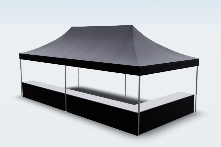Schwarzer Faltpavillon 4x8 mit Theke auf 2 Seiten