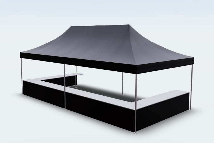 Schwarzer Faltpavillon 4x8 mit Theke auf 3 Seiten