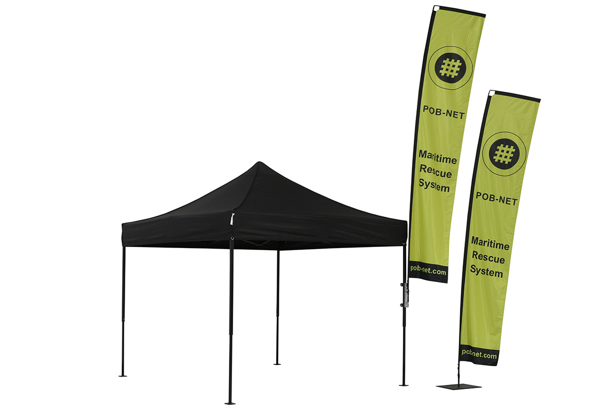 Schwarz Faltzelt mit bedruckter Beachflag