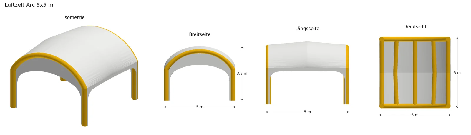 Luftzelt Arc: Isometrie, Breitseite, Längsseite, Draufsicht