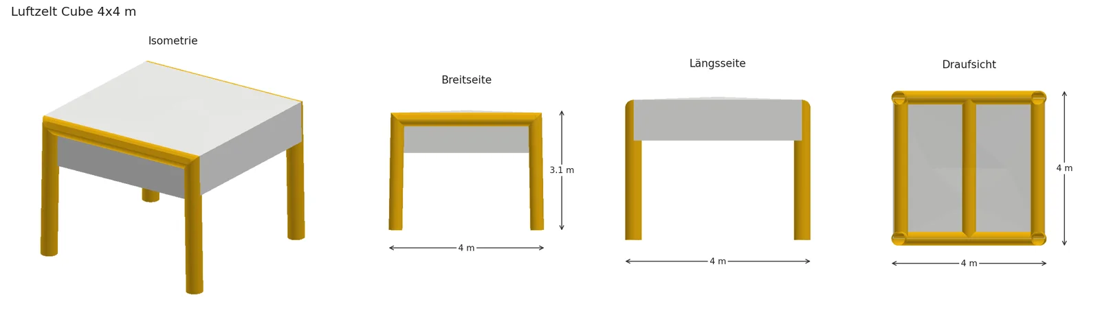 Luftzelt Cube: Isometrie, Breitseite, Längsseite, Draufsicht