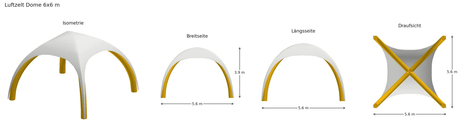 Luftzelt Dome: Isometrie, Breitseite, Längsseite, Draufsicht