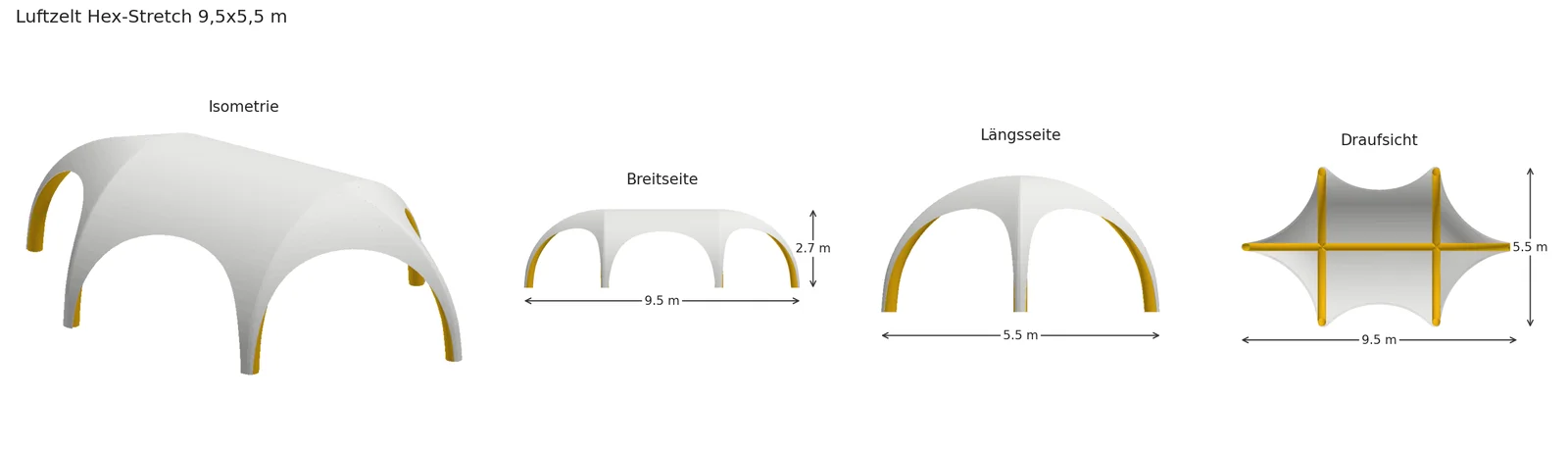 Luftzelt Hex-Stretch: Isometrie, Breitseite, Längsseite, Draufsicht