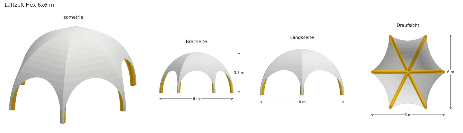 Luftzelt Hex: Isometrie, Breitseite, Längsseite, Draufsicht