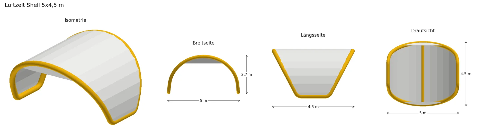 Luftzelt Shell: Isometrie, Breitseite, Längsseite, Draufsicht