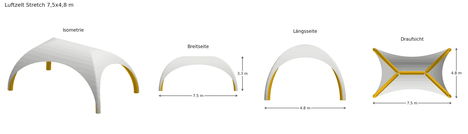 Luftzelt Stretch: Isometrie, Breitseite, Längsseite, Draufsicht