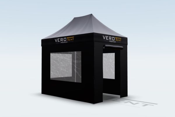 Faltzelt 2x3 mit Seitenwänden mit Panoramafenster – Ansicht aus dem 3D-Konfigurator