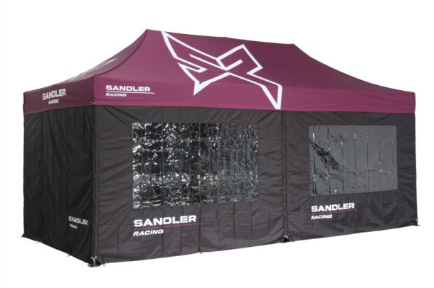 Faltzelt 3x6 bedruckt mit schwarzem Zeltgestell Sandler Racing