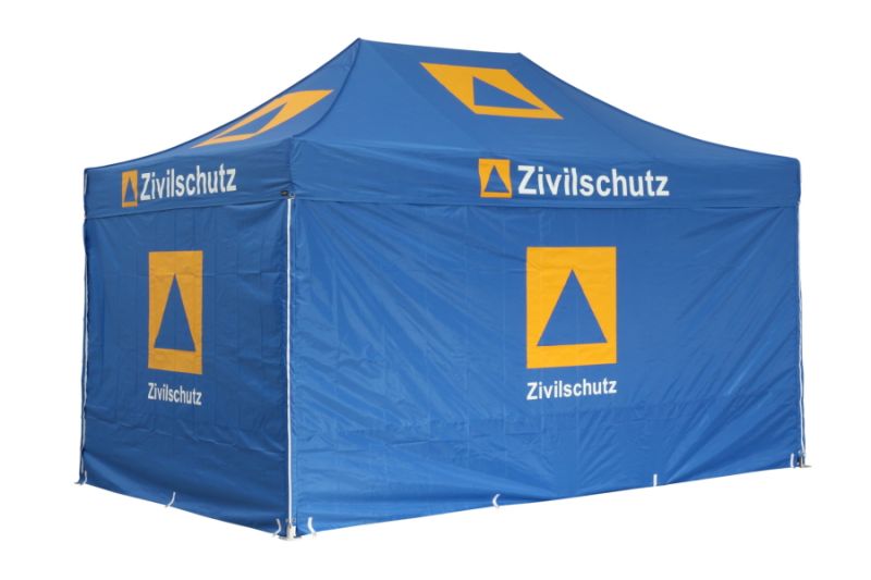 Bedrucktes Einsatzzelt 3x4,5 – Zivilschutz, blaues Zelt mit Seitenwänden