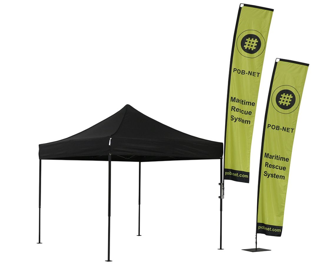 Schwarz Faltzelt mit bedruckter Beachflag