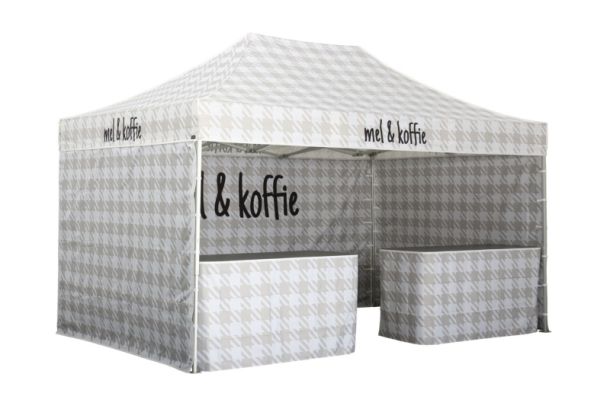 Faltzelt Classic 4x6 bedruckt mit Wänden und Tresen mel & Koffie