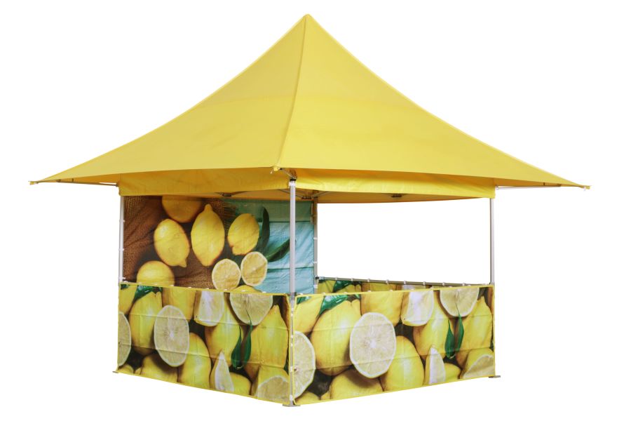 Faltpavillon 4,5x4,5 m mit Vordach, im Sublimationsdruck vollflächig bedruckt