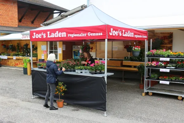 Rotes Faltzelt 3x3 mit Theke auf einer Seite vorne – Joe's Laden, Foto