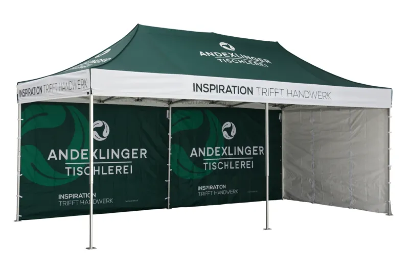 Bedrucktes Faltzelt 3x6 – Tischlerei Andexlinger, grünes Dach und Seitenwände mit Motiv