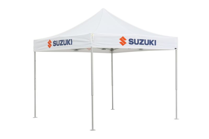 Bedrucktes Faltzelt 3x3 – Suzuki, weißes Dach mit Logo