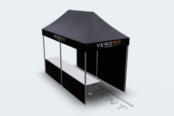 Faltzelt 2x4 mit Thekensystem – Theke an der 4-m-Seite mit Seitenwänden, Ansicht aus dem 3D-Konfigurator