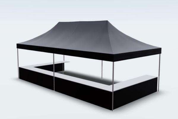 Faltzelt 4x8 mit Thekensystem – Theke auf 3 Seiten – U-Form, Ansicht aus dem 3D-Konfigurator