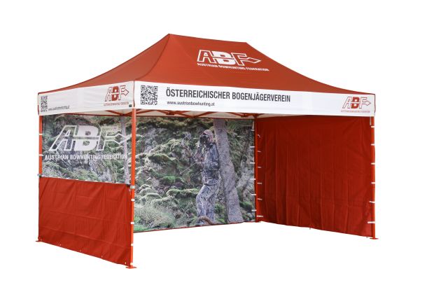 Faltzelt 4x6 bedruckt mit rotem Zeltgestell Österreichischer Bogenjägerverein