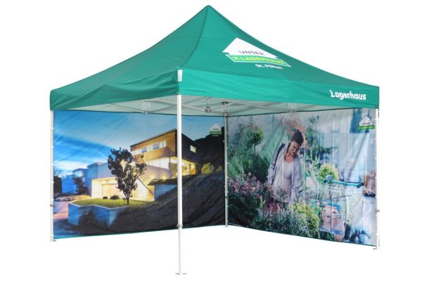Faltzelt 4x4 Budget50 mit bedruckten Seitenwänden – Lagerhaus, echtes Foto