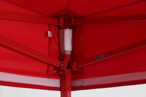 Rotes Faltzelt-Gestell Serie Classic von innen – Eckverbinder mit Klettband und Dachplane