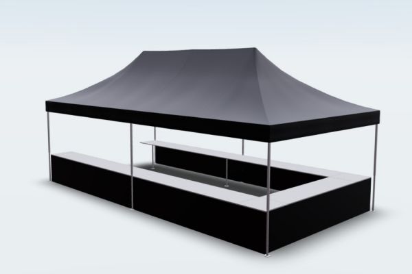 Faltzelt 4x8 mit Thekensystem &ndash; Theke auf 3 Seiten &ndash; U-Form quer, Ansicht aus dem 3D-Konfigurator