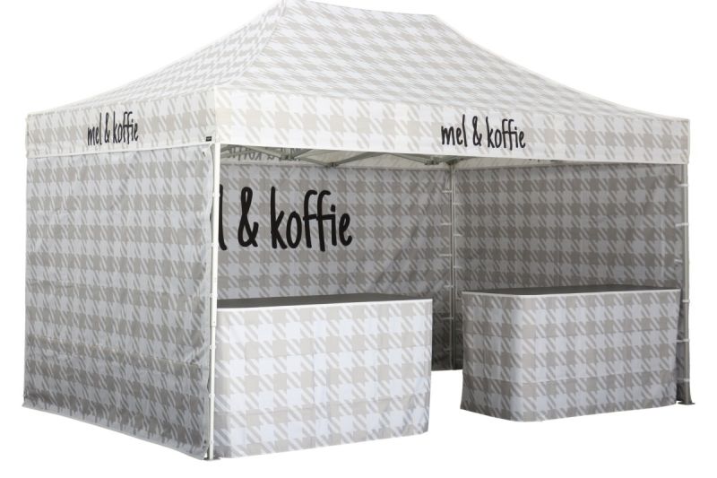 Bedrucktes Faltzelt 3x4,5 – mel & koffie, Dach und Seitenwände im Hahnentrittmuster