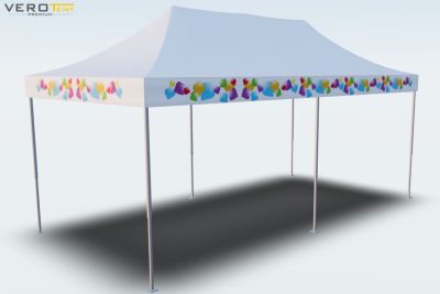 Faltpavillon mit Logo auf Dachblende