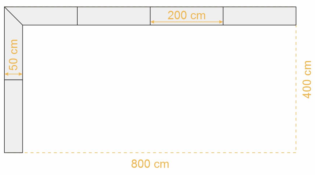 Maße Thekensystem Faltzelt 4x8 m, L-Form (Draufsicht)