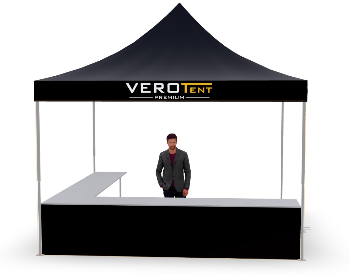 Faltzelt 4x4 m mit Theke in L-Form, zweite Ansicht (3D)