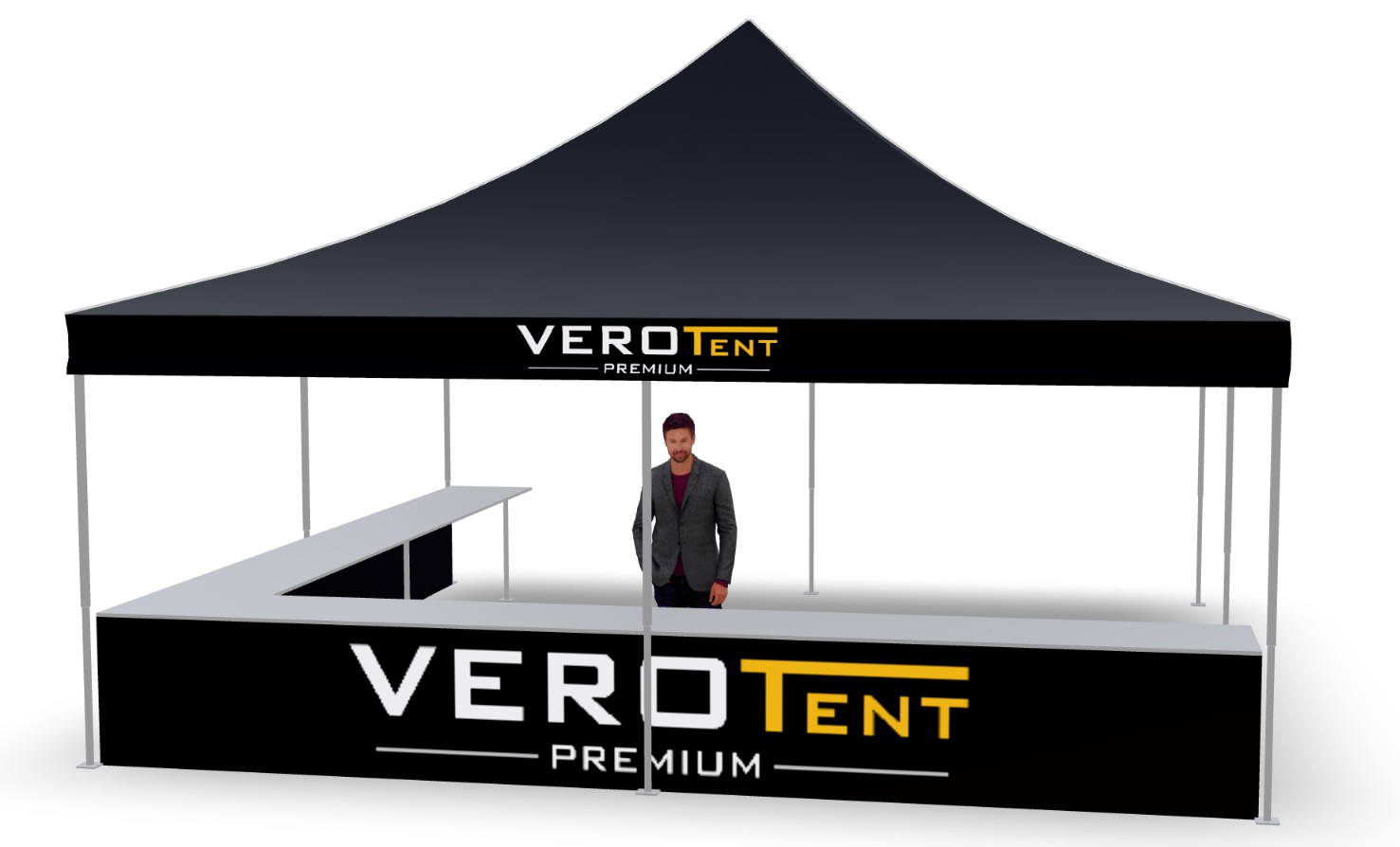 Faltzelt 6x6 m mit Theke in L-Form, zweite Ansicht (3D)