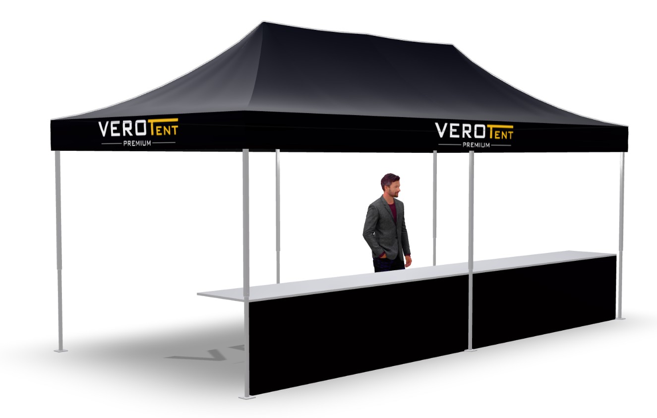 Faltzelt 3x6 m mit Theke auf einer Seite (3D-Ansicht)
