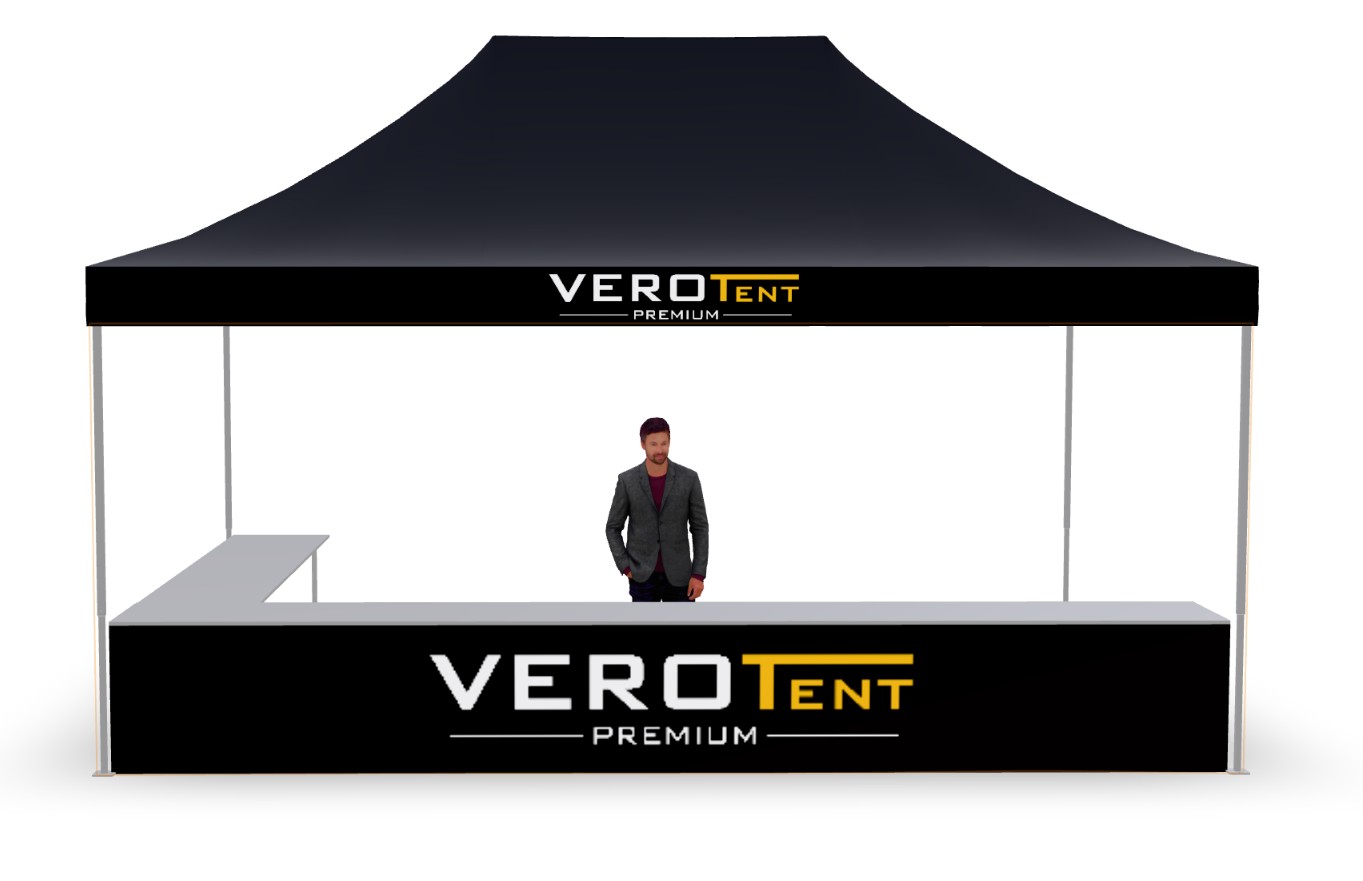 Faltzelt 4x6 m mit Theke in L-Form, zweite Ansicht (3D)