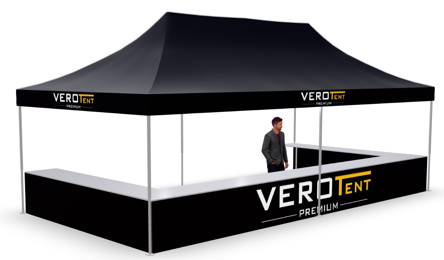 Faltzelt 4x8 m mit Theke in U-Form (3D-Ansicht)