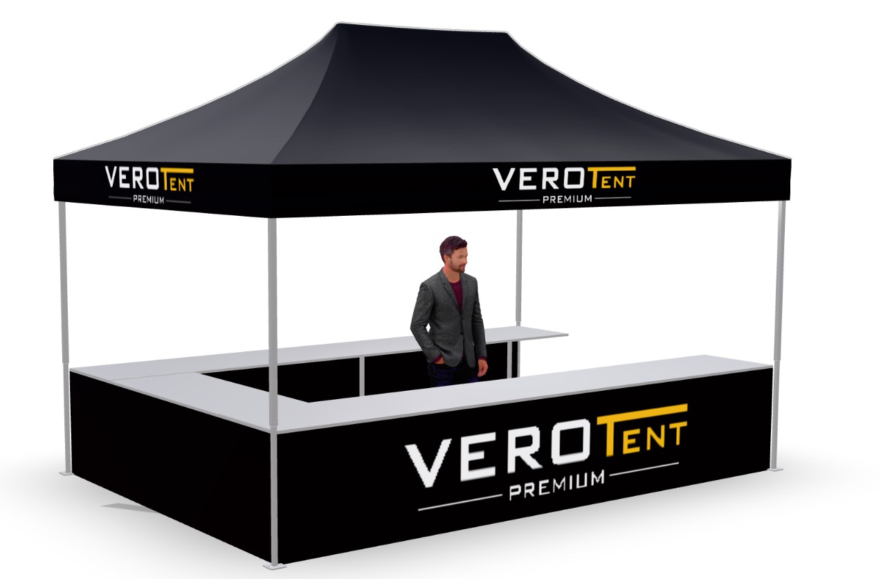Faltzelt 3x4,5 m mit Theke in U-Form (3D-Ansicht)