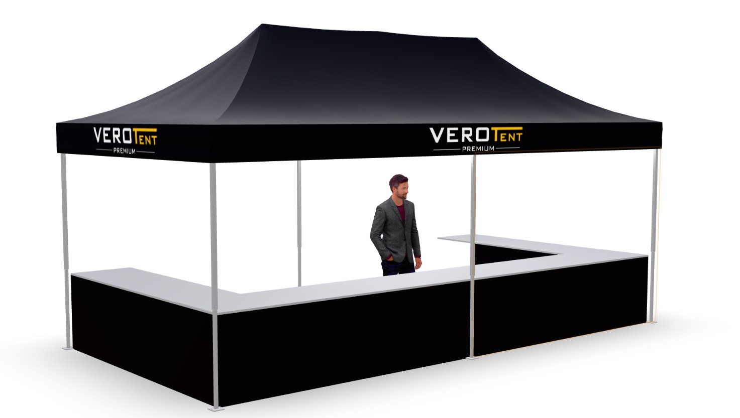 Faltzelt 3x6 m mit Theke in U-Form (3D-Ansicht)
