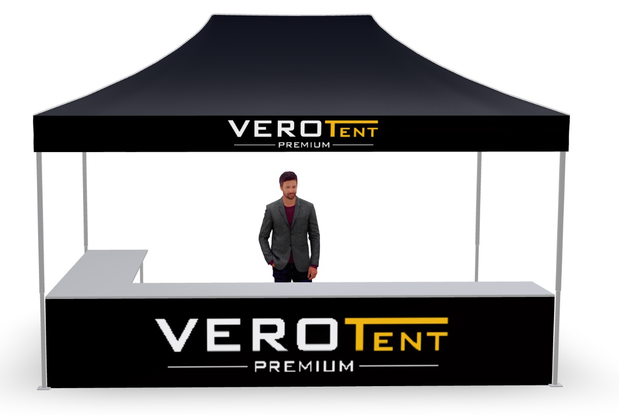 Faltzelt 3x4,5 m mit Theke in L-Form, zweite Ansicht (3D)
