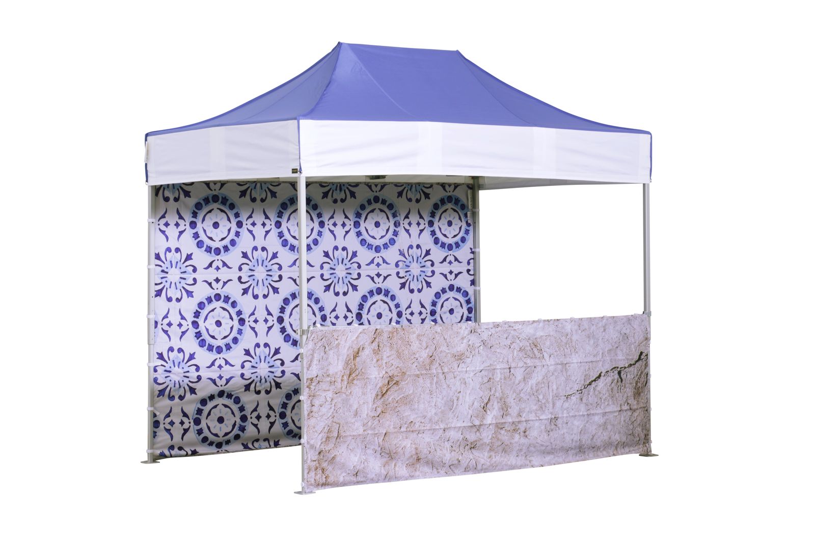 Faltzelt 2x3 m mit bedruckter Seitenwand und halbhoher Seitenwand
