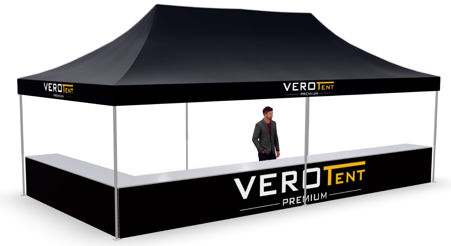 Faltzelt 4x8 m mit Theke in L-Form (3D-Ansicht)